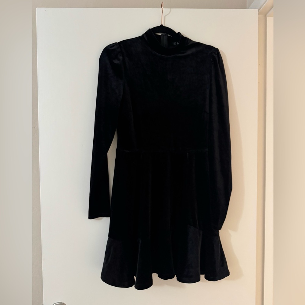 Black Velvet Mock Neck Long Sleeve Fit & Flare Dress